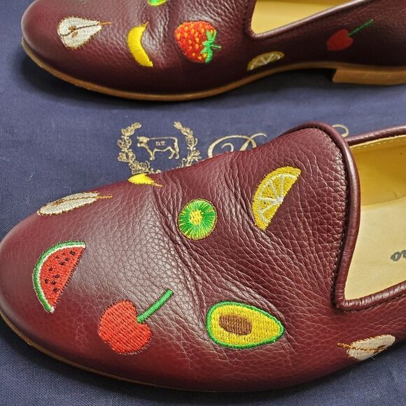 DEL TORO loafers fruit embroidered burgundy leather shoes 7 - Picture 3 of 10